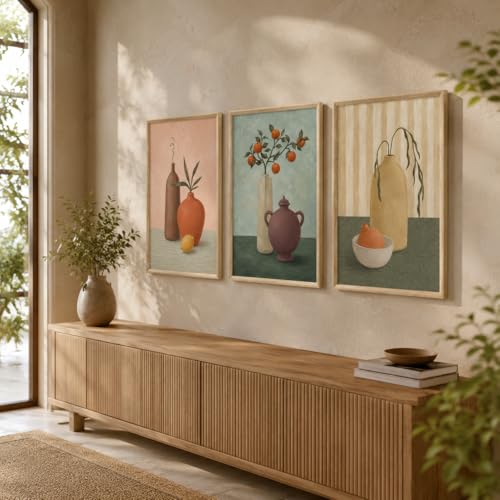 Image of Livin'luxe Set of 3 Still Life Vase Fruit Wall Paintings for Living Room Bedroom Hallway Decor with Premium Wooden Color Synthetic Frame (25.5 x 19.5 Inch) NM03-91