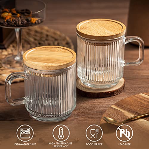 Combler Glass Coffee Mugs, Espresso Cups For Coffee Bar Accessories, Clear Coffee Mug Set Of 2, 11Oz Glass Coffee Cups With Lids And Spoon, Cute Ribbed Glassware Set For Latte, Cappuccino, Tea, Gift #TOP5