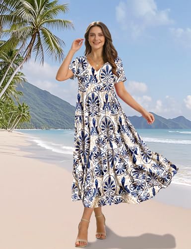 Image of YESNO Women's Summer Maxi Dresses Casual Floral Short Sleeve V Neck Boho Beach Vacation Swing Dress with Pockets EVF