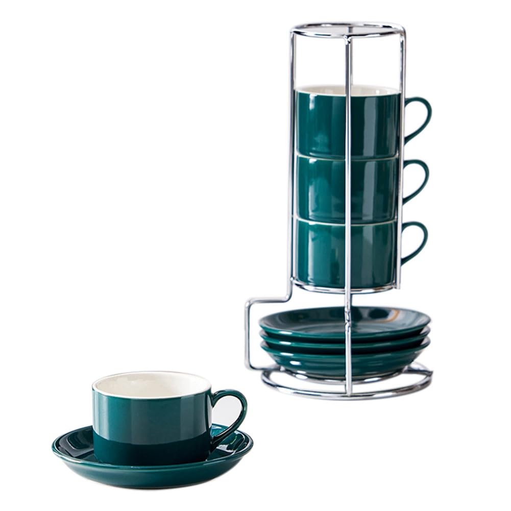 Peowuieu Green Porcelain Stackable Cappuccino Cups With Saucers And Metal Stand, Espresso Cups For Latte Coffee Cafe,Specialty Coffee E