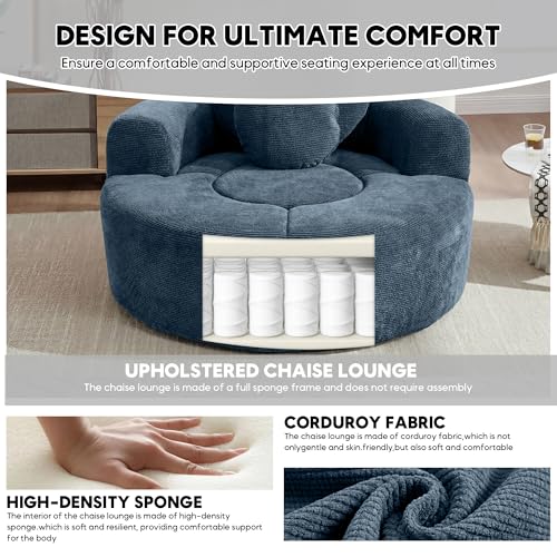 Image of Oversized Round Chair Lounge Chaise Indoor, 54.3 inch Upholstered Corduroy Deep Seat Single Cloud Sofa Chair with Heart-Shaped Pillow Modern Large Circle Boneless Couch for Living Room, Blue