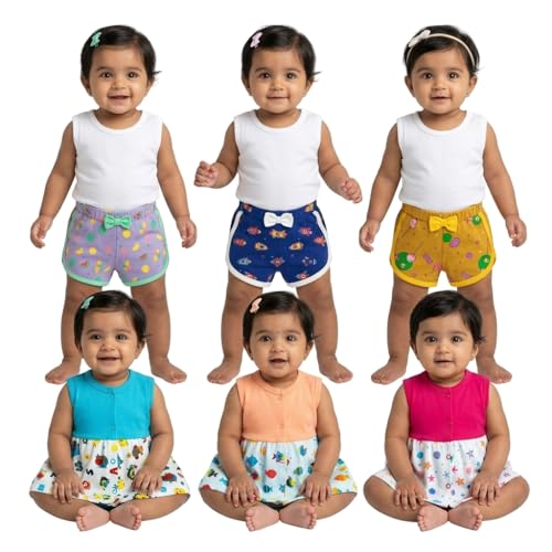 Image of VParents Cotton Knee-Length Sleeveless Girls Frock with Matching Shorts Soft, Comfortable, Multicolour Summerwear Set for Babies