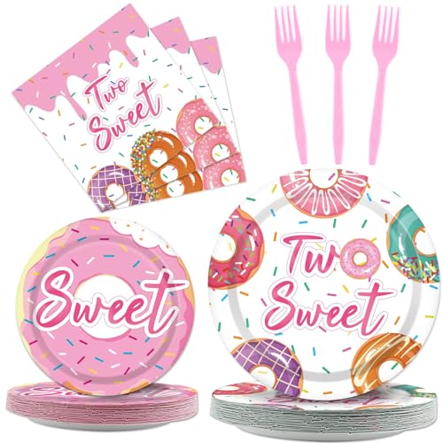 Image of ZOIIWA 96 Pcs Two Sweet Donut Birthday Party Supplies Girls Donut Themed Tableware Table Decor Baby Girl 2nd Birthday Paper Plates Napkins Disposable Dinnerware Party Favor for Baby Shower 24 Guests