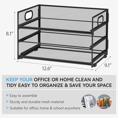 Subekyu 3 Tier Paper Letter Tray Organizer for Desk, Black Metal Mesh Desk File Folder Sorter Organizer with Handle and Sliding Tray for Home, Office, School Supplies Organization Storage by SUBEKYU - Image 2