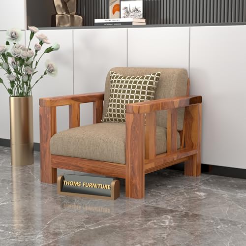 Image of Sheesham Wood Single Sofa Chair | Premium Single Seater Sofa for Living Room, Bedroom & Office | Elegant Home Furniture Single Person Wooden Sofa (Evans Honey, 1 Seater)