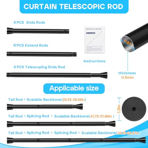 Image of MEXAU 4 Pack Black Shower Curtain Rod 33 To 59 Inch Black Shower Tension Rod 7 /8 inch Adjustable Curtain Rod No Drilling Spring Tension Curtain Rod Shower Rods for Bathroom Windows Doorways Closet
