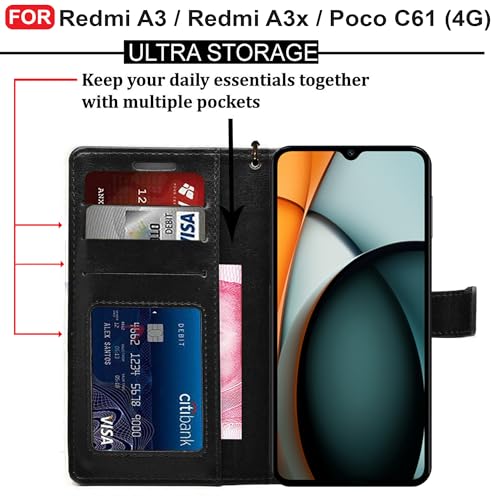 Image of CEDO Flip Cover for Redmi A3 / Redmi A3x / Poco C61 (4G) | Leather Finish | Inside Pockets & Inbuilt Stand | Shockproof Wallet Style Magnetic Closure Back Case Flipcover (Black)