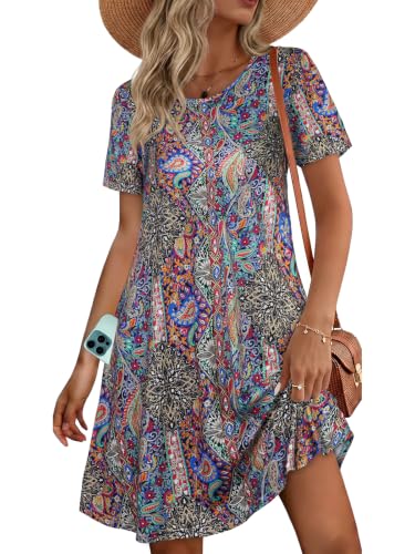 Image of Womens Summer Dresses Beach Casual Loose Tshirt Floral Short Sleeve Flowy Pockets Sundresses 2026