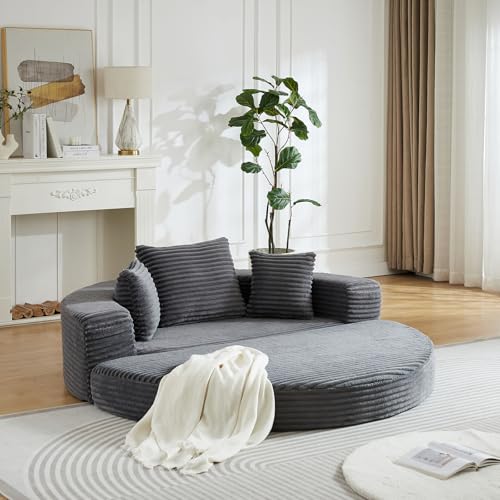 Sofá cama redondo 2 en 1, tela de pana de alta calidad, adecuado para salas de estar compactas, apartamentos, salones, estudios, etc., contiene 3 cojines de bloqueo (Corduroy, Grey, 180*180*57 cm)
