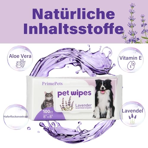 PrimePets Feuchttücher Hund 100 Stück, Pflegetücher Hund 20 x 20 cm, Lavendelduft, Katzen Feuchttücher zur Reinigung von Haut, Ohren, Augen, Po und Zähne