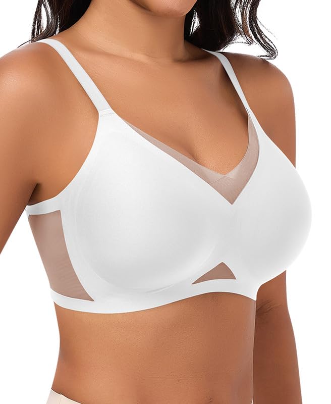 Jiuday Bequem BH ohne Bügel Spitze Mesh Damen BHS Große Brüste Starker Halt Soft Nahtloser Push Up BH ohne Buegel Gepolstert Stütz Bügellos Bralette (Weiß,S)