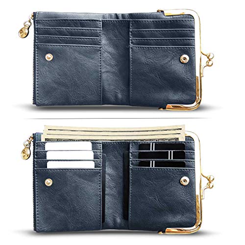 Image of AOXONEL Womens Wallet Small Rfid Ladies Compact Bifold Leather Vintage Coin Purse With Zipper and Kiss Lock, Blue, Small, Rfid Wallet