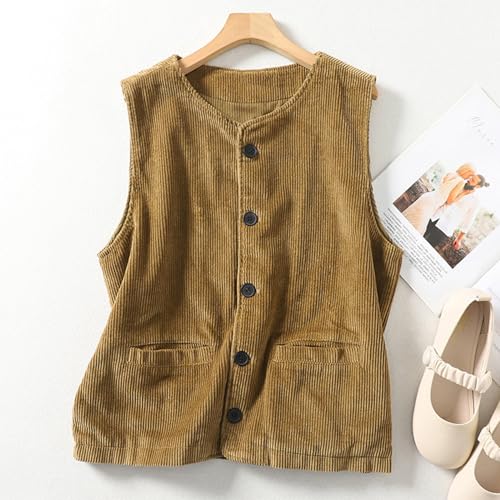 HGps8w Womens Corduroy Vest Summer Sleeveless Tank Tops Casual Crew Neck Button Down Fashion Vest with Pockets4