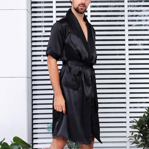 Men's Short Sleeve Robe Summer Pjs Satin Soft Silky Comfy Fall Spring Thin Knee Length House Bathrobe4