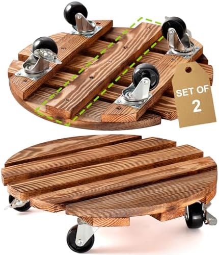 HOHY 2 Pack 12" Plant Caddy, Plant Stand with Wheels Wooden, Round | Rolling Plant Stand with 2 360° Lockable Wheels for Indoor Outdoor Plant Pot, Plant Roller