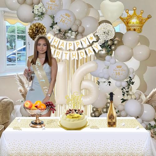 Image of Sweet 16 Party Decorations, White and Gold 16th Birthday Decorations for Girls Happy Birthday Banner Tablecloth Cake Topper Bday Sash Crown Fringe Curtain Balloons for Girls Sweet 16 Party Deco