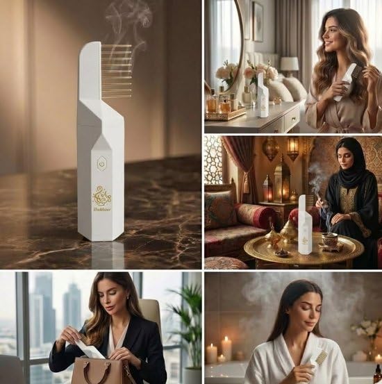 Bakhoor Kamm & Elektro Weihrauchbrenner – Tragbare Haar Aroma Diffusor – USB Wiederaufladbar – Für Haar & Interieur – Rauchfrei & Sicher – Luxus Geschenkbox – Weiß
