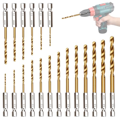 Image of Serplex 19PCS High Speed Steel Hex Shank Drill Bit Set with 1 /4 inch Hex Shank, Titanium Coated HSS Twist Drill Bits Assortment for Wood, Plastic, Soft Metal & Light Duty Masonry Power Drill Tool Kit