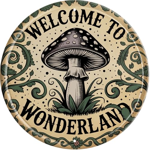 CSWLJS Mushroom Decor Vintage Round Metal Tin Sign “Welcome to Wonderland” 8 × 8 in Wall Decor for Kitchen Living Room Garden Cottage Gift