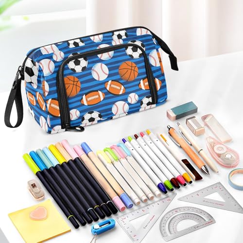 Image of Soccer Balls Blue Pencil Case Pouch Big Capacity Pencil Bag Box Organizer Pen Case with Handle Stationery Organizer for Kids Boys Girls Women College Office