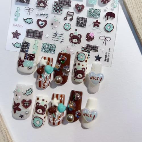 Image of Chestnut Bear Nail Stickers 5D Embossed Nail Art Decal Cartoon Nail Charms | Fall Nail Decals with Music Notes, Plaid, Donut & Star Patterns, Design Self-Adhesive Stickers, for Women Daily DIY Manicure