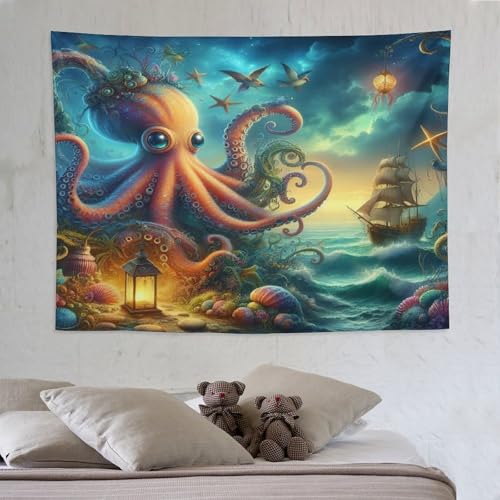 Tapisserie murale poulpe grand format en tissu imprimé pour créer un salon cosy et moderne