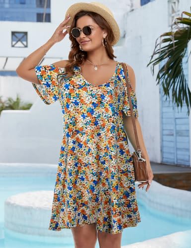 Image of JollieLovin Womens Plus Size Short Sleeve Cold Shoulder V Neck T-Shirt Dress with Pockets