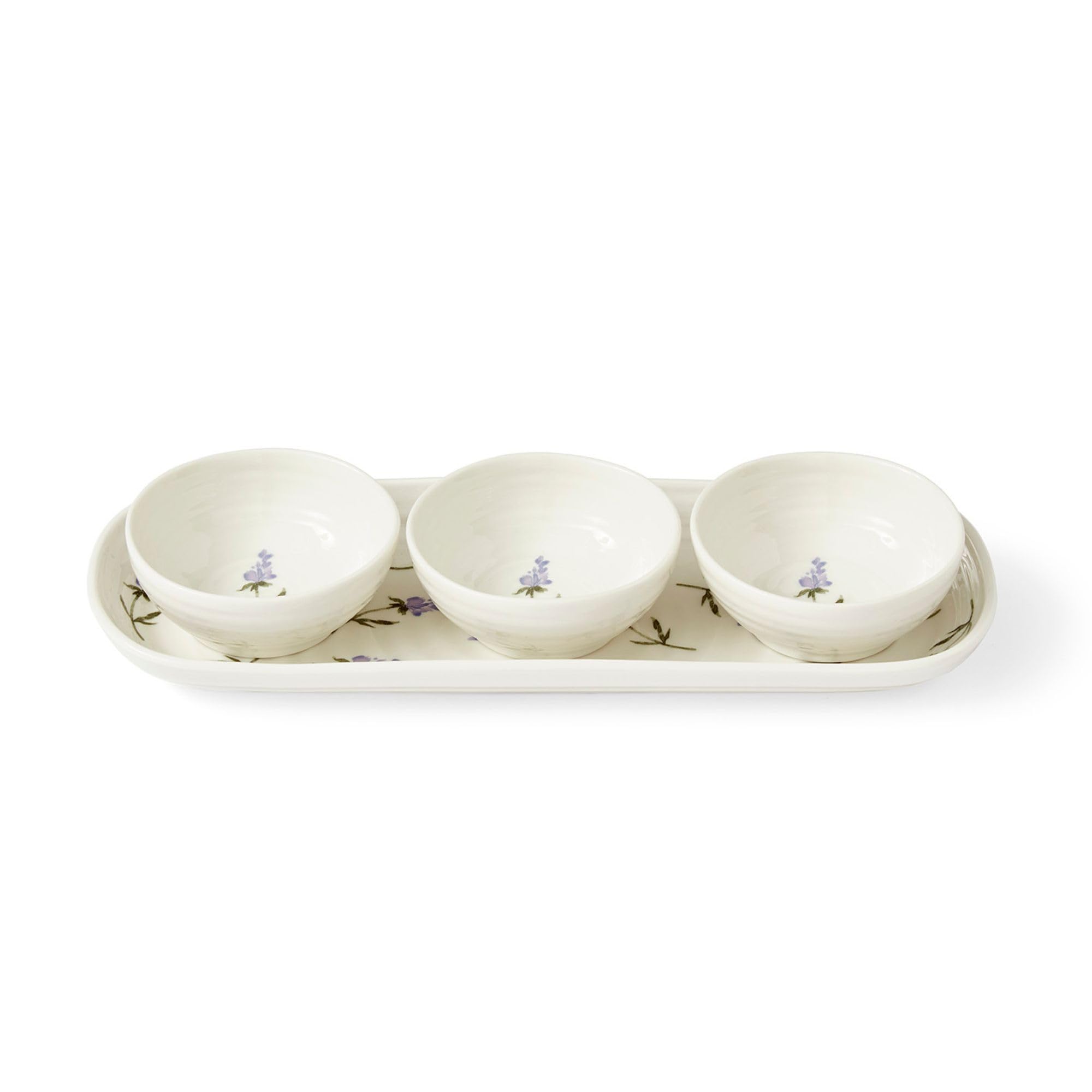 Portmeirion White Sophie Conran Lavandula 4 Piece Bowl & Tray Set | Porcelain Chip & Dip Serving Set | Small Serving Bowls For Side Dishes, Salsa, Appetizers | Serving Dishes For Entertaining