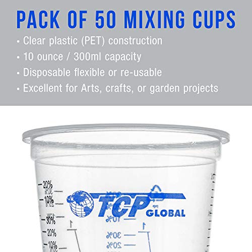 Tcp Global 10 Ounce (300Ml) Disposable Flexible Clear Graduated Plastic Mixing Cups - Box Of 50 Cups & 50 Mixing Sticks - Use For Paint, Resin, Epoxy, Art, Kitchen - Measuring Ratios 2-1, 3-1, 4-1, Ml #TOP3
