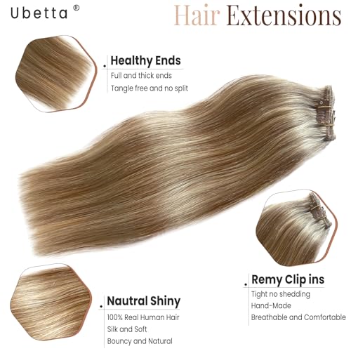 Image of Clip in Hair Extensions Ash Brown Mixed Platinum Blonde Highlights Hair Extensions Real Remy Human Hair Clip ins,16 Inch 70G 7 Pcs Double Weft Human Hair Extensions Clip in Hair Extension for Women
