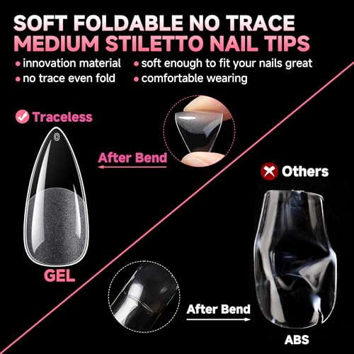 Image of UNA GELLA Medium Stiletto Nails Tips,504Pcs Press-on Nails Stiletto Clear Gel Nail Tips, Full Cover Pre-Etched Fake Acrylic Nails, Sturdy for Nail Extensions Home Art Salon 12 Sizes