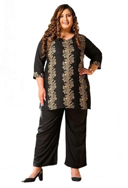 PrettyPlus by Desinoor.com Plus Size Panel Printed Co-ord Set | Rayon Fabric V-Neck Two Piece Tunic Set with Pant | 3/4 Sleeves Ethnic Co-Ord Sets for Women | Traditional Kurti Sets for Women Stylish