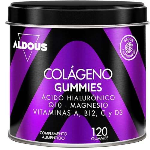 Colageno con Magnesio y Acido Hialuronico - 120 Gominolas - Con Q10 y Vitamina C, B12, D3, A - Colágeno Hidrolizado Puro para las Articulaciones Fuertes, Piel Tersa y Energía - ALDOUS Colageno