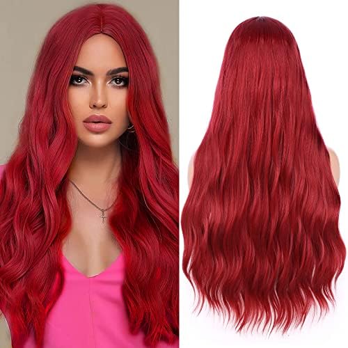 HANNE Red Wigs for Women Middle Part Mermaid Curly Wave Red Wig Long Hair Heat Resistant Wavy Synthetic Wig(Red Wig)