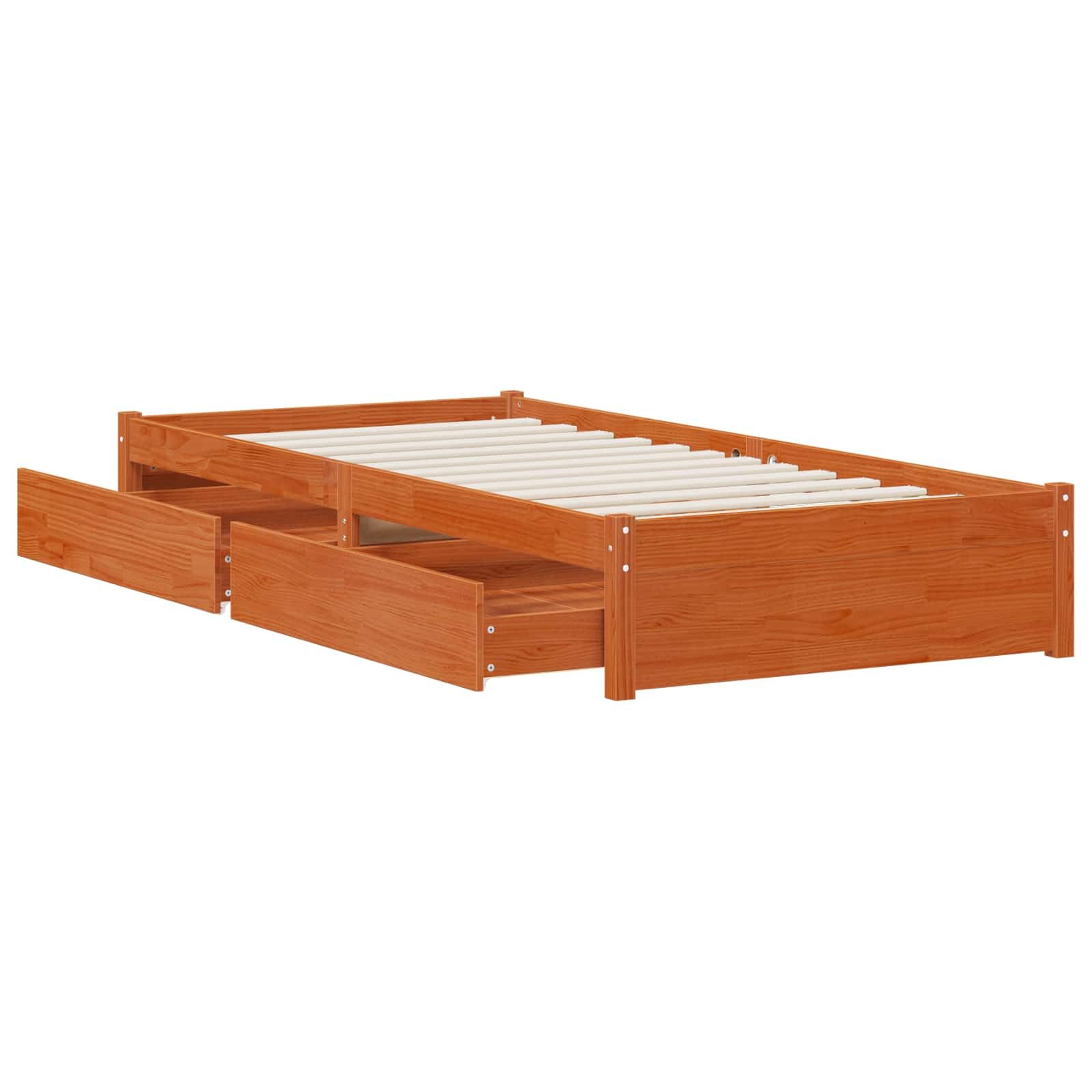 Letto singolo con cassetti, in legno massello di pino marrone cerato, struttura letto con contenitore per materassi 90 x 190 cm, 195,5 x 95,5 x 31 cm
