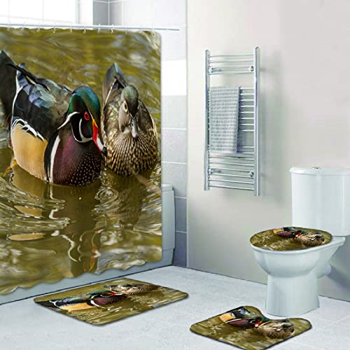 Duschvorhang Tier Badezimmerteppich 4-Teiliges Set, Duschvorhang 180x180 Polyester+Badematte rutschfeste(45x75)+U-Typ…