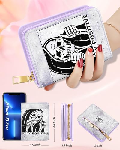Image of Bistup Leather 12 Slot Accordion Card Holder Wallet, Skeleton Hand | Accordion Storage, Zipper Around Closure, Compact Patterned Wallet for IDs, Cards, Cash, Daily Carry and Gifts