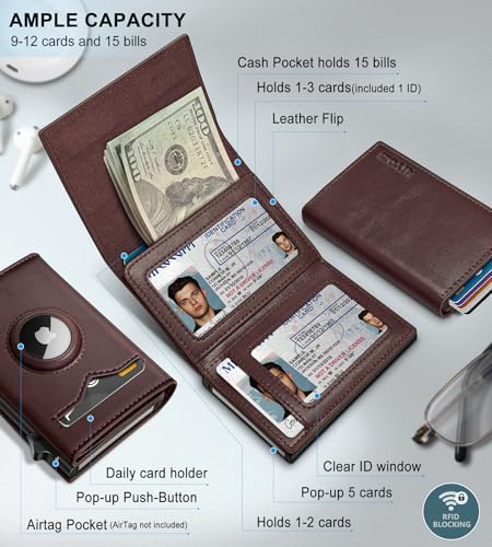 Image of miyozi Airtag Wallet for Men,with Cash Pocket 2 ID Window 9-12 Cards,Metal Case Smart Slim Pop Up Credit Card Holder Flip with Magnetic Closure RFID Blocking Trifold wallet with Gift Box