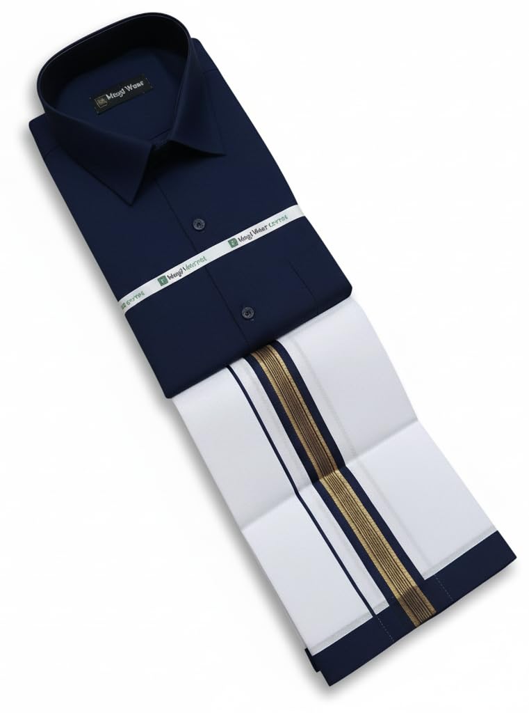 Navy Blue Vesti Shirt Set for Men Combo | Cotton Dhoti and Shirt for Men | South Indian Veshti Shirt Set | Ethnic Wear Dhoti Shirt Combo-picture-22
