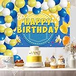54Pcs Cartoon Theme Birthday Decorations Yellow Jeans Happy Birthday Backdrop and Yellow Blue White Balloons Arch Kit Cowboy Banana Theme Banner Kids Party Supplies - Image 3