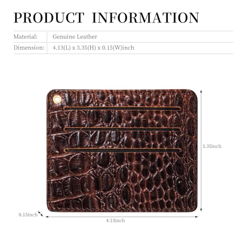 Gexmil Genuine Leather Card Holder, Full Grain Leather, Hand-made, 6 Cards Slots, Front Pocket Credit Card Wallet, Minimalist and Light Weight, Crocodile Brown2