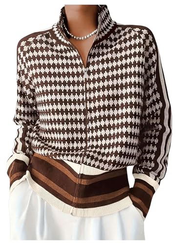 Image of SOLY HUX Cardigan Sweaters for Women Houndstooth Mock Neck Zip Up Long Sleeve Knit Cardigans Multicoloured Houndstooth Large