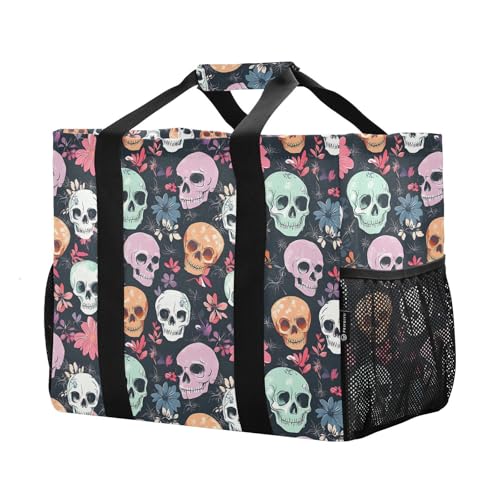 Bolaz Travel Tote Bag，Gym Bag for Men,Waterproof Beach Bag for Women Foldable Reusable-Colorful Skull Flowers52