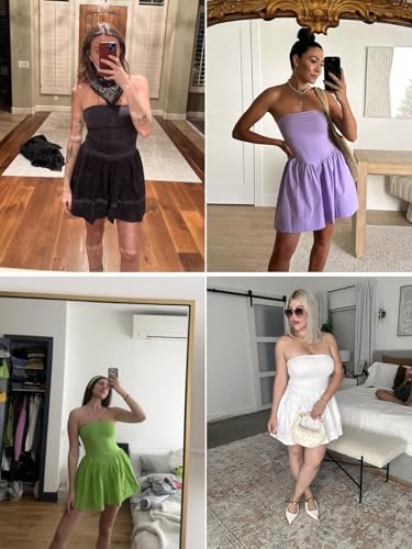 Summer Solid Strapless Mini Dress for Women Tube Top Dresses Patchwork Pleated Drop Waist Flared Beach Dress 6