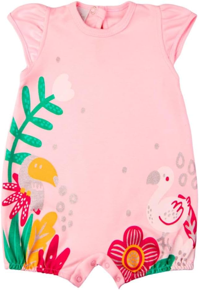 Macacão Bebê Menina Verão Sem Mangas Suedine Silk Screen Tucano e Flamingo – Rosa
