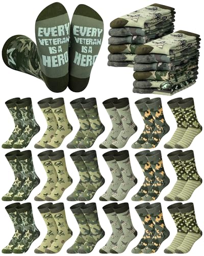 24 Pairs Veteran Camo Army Socks for Men Novelty Camouflage Cotto...
