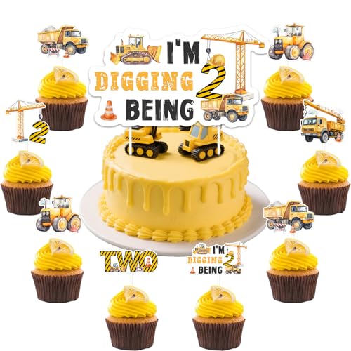 Décoration gâteau 2 ans garçon camion de chantier | Topper anniversaire I'm Digging Being 2