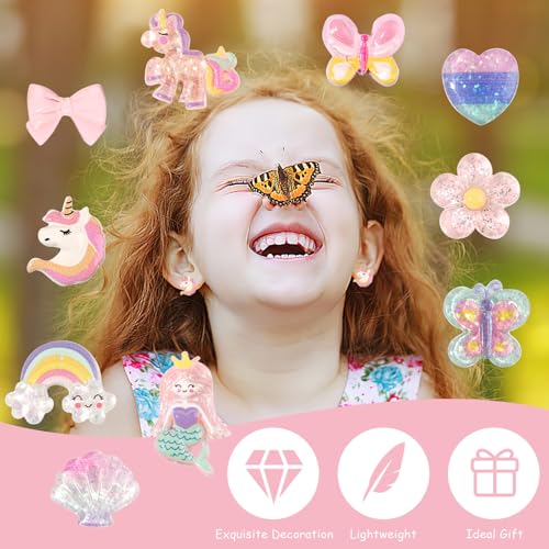 Deepton 10 Paar Klipp Ohrringe Kinder Mädchen, Ohrclips Mädchen, Ohrklipser Kinder, Clip Ohrringe Mädchen, Magnet Ohrklipser Einhorn-Blumen-Prinzessin-Ohrring Set