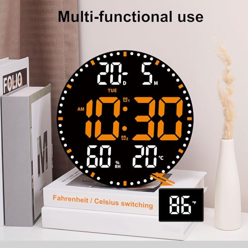 10inch Digital Wall Clock with LED Display, Digital Round Wall Calendar with Remote,Timer, Dimming,Temperature, Silent Modern Electric Wall Clocks for Bedroom, Living Room (Orange) - Image 5