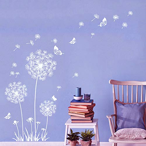 Runtoo Giant Dandelion Wall Decals Flying Flowers Butterflies Wall Stickers Plants Wall Art Living Room Bedroom Decor [White] #TOP2